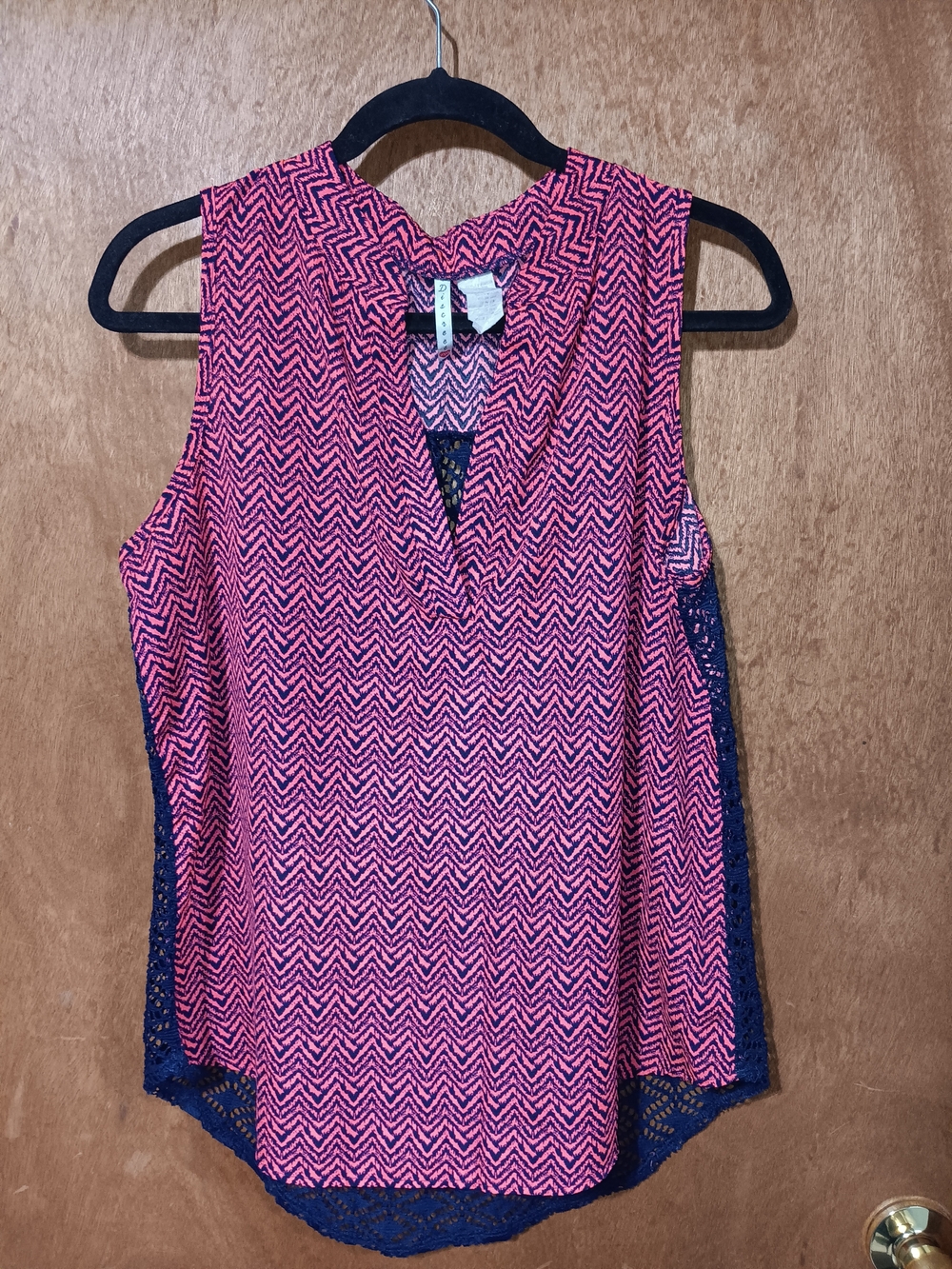 Discreet Coral Sleeveless Tunic with Navy Lace Sides